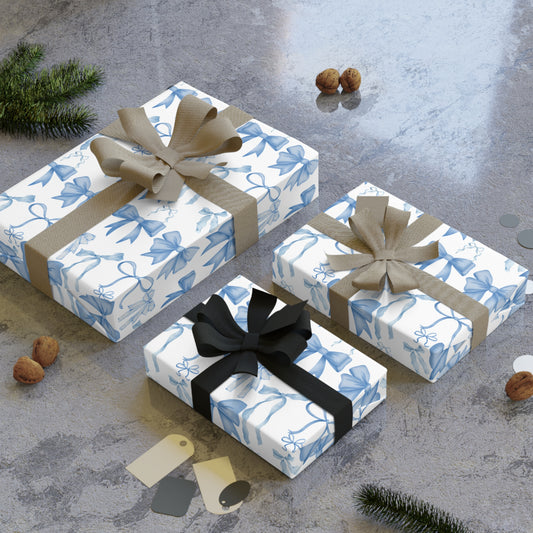 Blue Bow Wrapping Paper Roll | Elegant Holiday Gift Wrap | Winter Ribbon Pattern Packaging