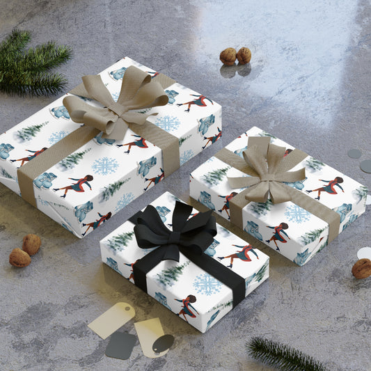 Winter Wonderland Gift Wrapping Paper Roll | Black Figure Skater Holiday Wrap | Snowy Christmas Packaging